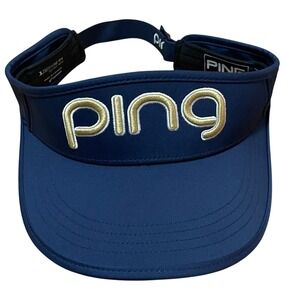 PING Golf Visor Navy Blue‎ Gold Embroidered Logo Adjustable Hook and Loop